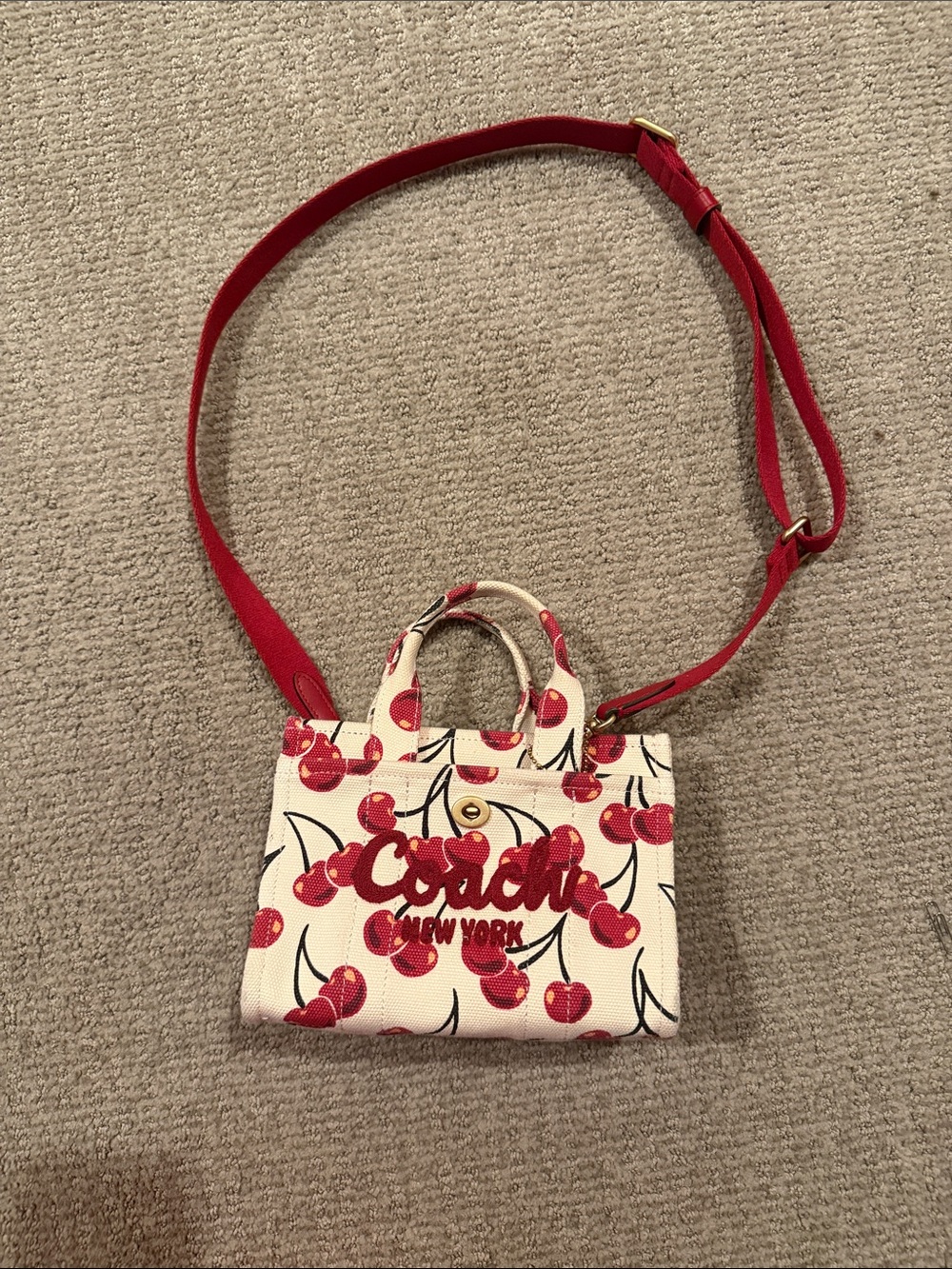 Coach Mini Tote Crossbody in Red Cherry Print on Cream